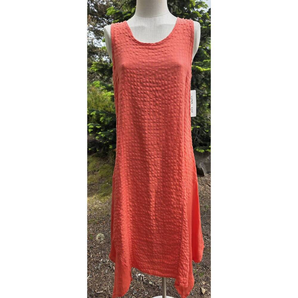 NEW LUNA LUZ women's seersucker linen sundress in coral